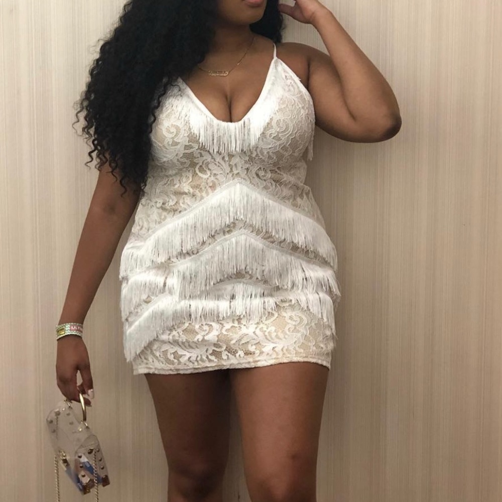 WHITE STRAPPY LACE TASSEL DETAIL BODYCON DRESS